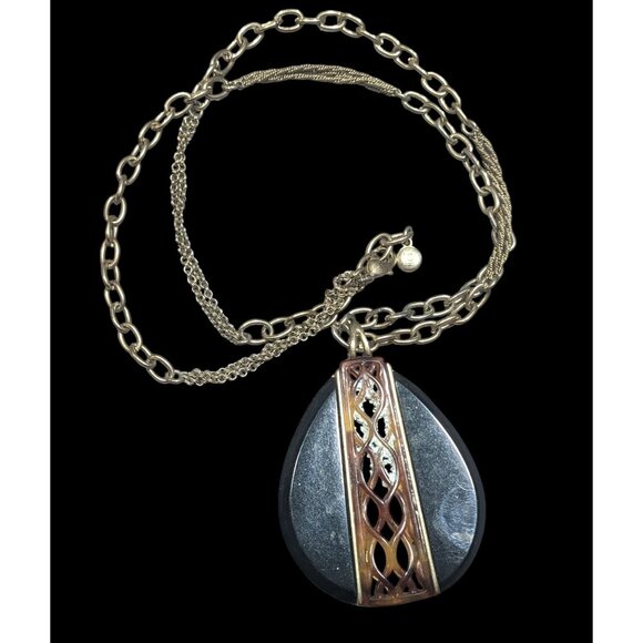 Vintage Liz Claiborne Tortoise Lucite Filigree Teardrop Pendant Necklace - Picture 1 of 8